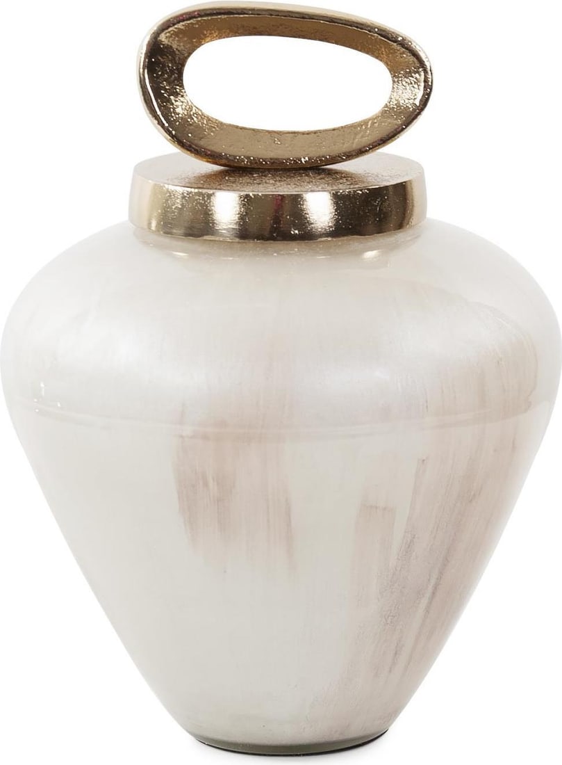 Howard Elliott White and Gold Reza Urn 9.5H Decorative Accent: Howard Elliott White and Gold Reza Urn 9.5H Decorative Accent Discover the elegance of the Reza Urn, a stunning decorative piece by Howard Elliott. This urn features a beautiful pearl-polished finish
