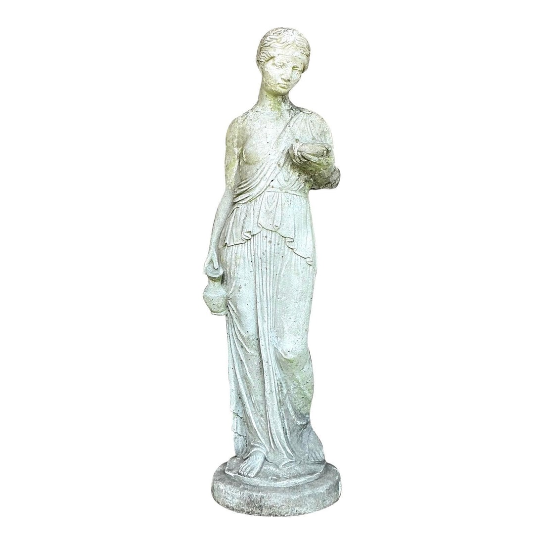 Vintage Regency Cast Cement Water Carrier Statue 25.75": Vintage Regency Cast Cement Water Carrier Statue 25.75" This vintage Regency-style cast cement water carrier statue exudes graceful elegance, reminiscent of classical Greco-Roman art. Featuring a robe