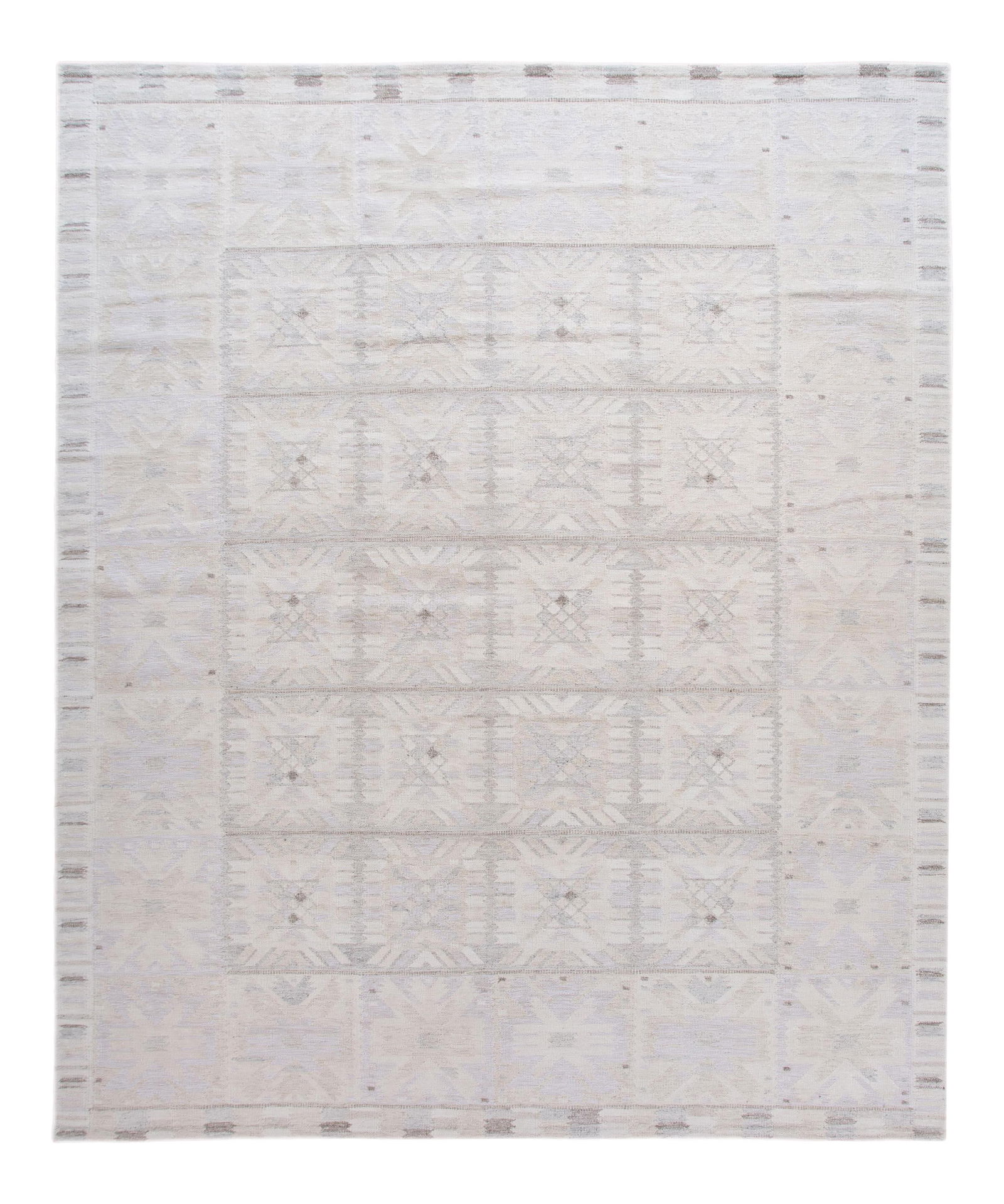 Oversized Ivory Handmade Wool Rug Swedish Style Geometric Design: Oversized Ivory Handmade Wool Rug Swedish Style Geometric Design Enhance your living space with this stunning modern oversize Swedish style wool rug, featuring a soft ivory field complemented by elega