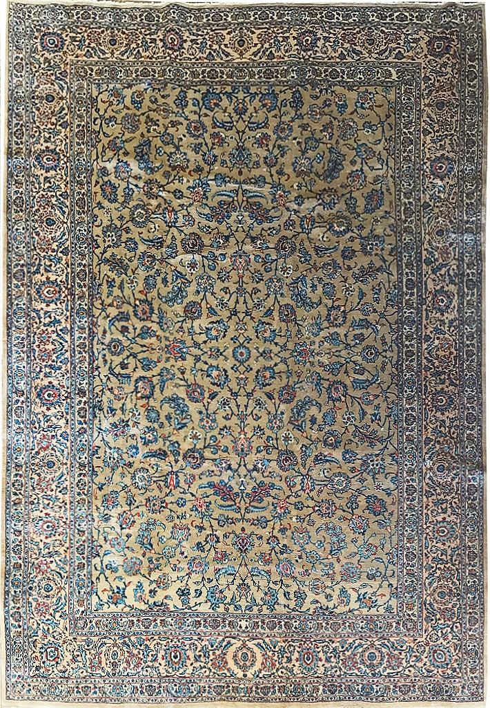 Authentic Persian Kashan Rug 9.8 x 13.1 Hand-Knotted Tan Blue Brown: Authentic Persian Kashan Rug 9.8 x 13.1 Hand-Knotted Tan Blue Brown Free continental US Shipping Transform your living space with this stunning Pre-Owned Persian Kashan Rug, showcasing a luxurious ble