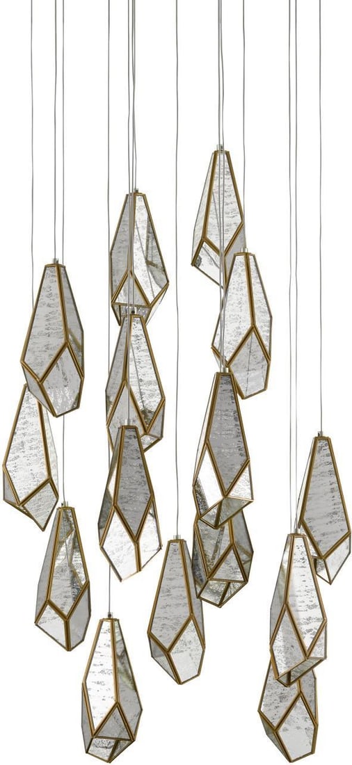 Currey Glace Brass Finish Multi-Drop Pendant Lamp 15-Light: Currey Glace Brass Finish Multi-Drop Pendant Lamp 15-Light Illuminate your space with this elegant pendant light featuring an antique-style brass finish. This multi-drop pendant, part of the Glace col