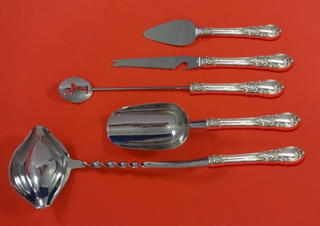 Lunt American Victorian Sterling Silver 5pc Cocktail Bar Set: Lunt American Victorian Sterling Silver 5pc Cocktail Bar Set Elevate your cocktail parties with this exquisite 5-piece bar set from the American Victorian pattern by Lunt. Crafted from high-quality st