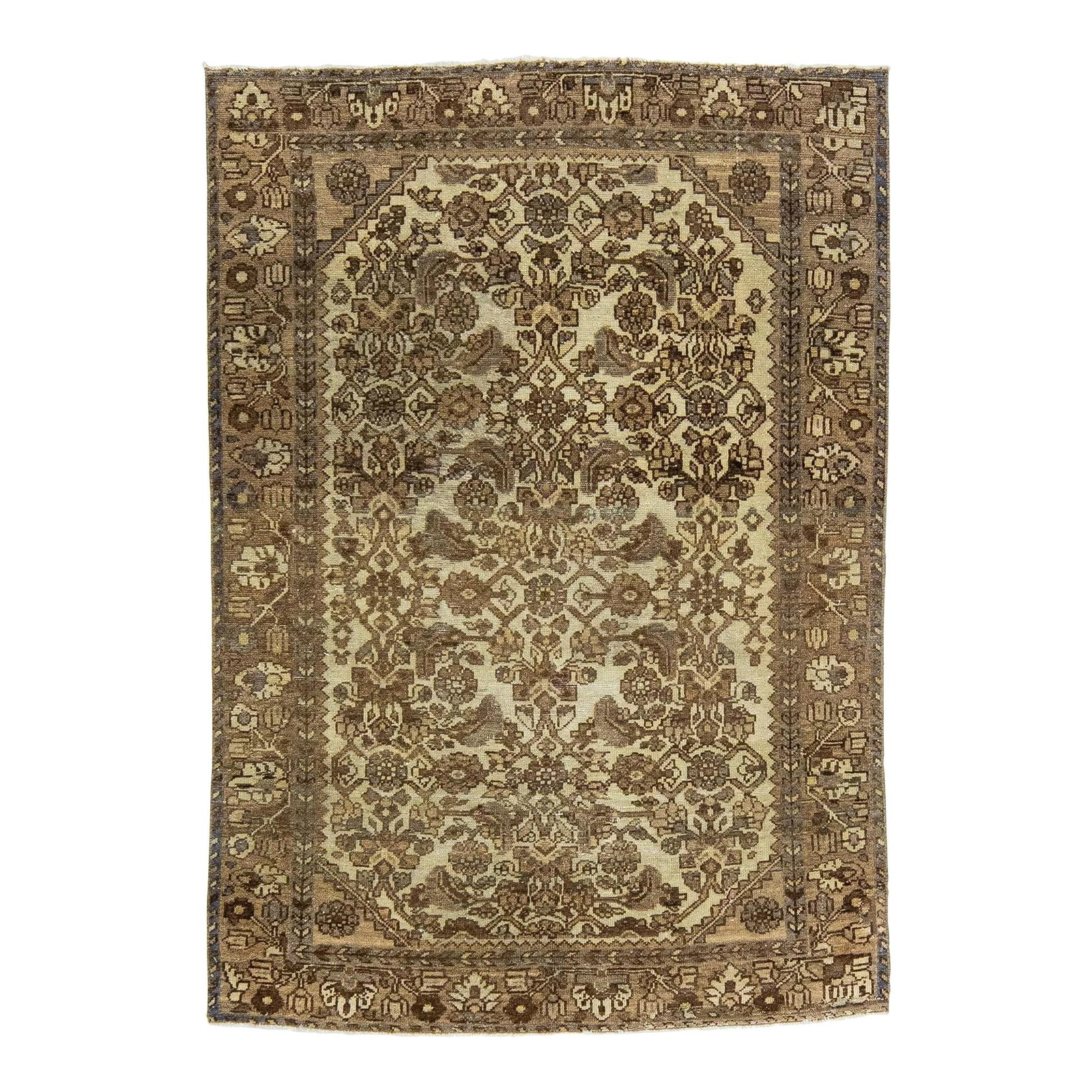 Antique Persian Malayer Beige Wool Scatter Rug 3'4 x 4'10: Antique Persian Malayer Beige Wool Scatter Rug 3'4 x 4'10 This exquisite antique Persian Malayer rug showcases a meticulously hand-knotted wool construction. The serene beige field is beautifully comp