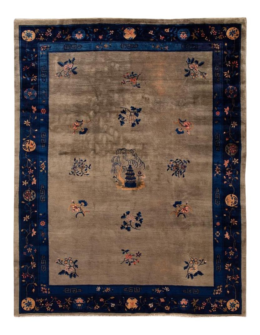 Antique Art Deco Chinese Wool Rug 9'1 x 11'7 Floral Design: Antique Art Deco Chinese Wool Rug 9'1 x 11'7 Floral Design Discover a stunning antique Chinese Art Deco rug, meticulously hand-knotted from premium wool. Featuring a warm tan field and a striking navy