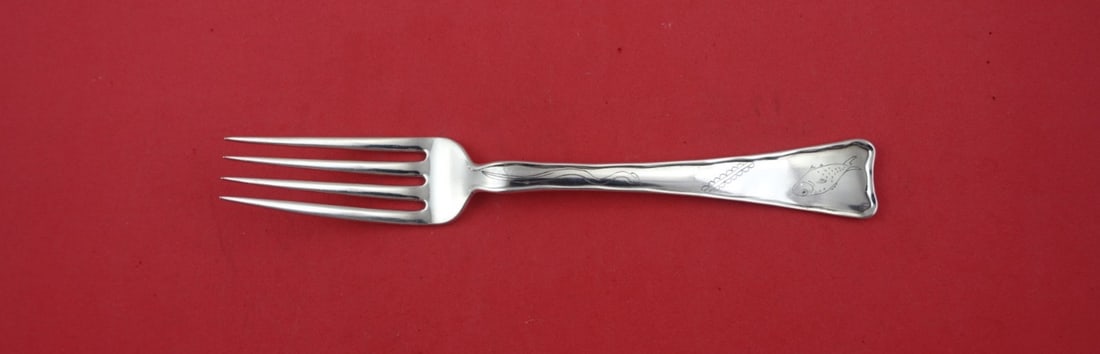 Tiffany & Co. Lap Over Edge Hand Engraved Sterling Silver Fork 8" Fish & Snake: Tiffany & Co. Lap Over Edge Hand Engraved Sterling Silver Fork 8" Fish & Snake This exquisite 8" dinner fork is a stunning example of Tiffany & Co.'s craftsmanship, featuring the elegant Lap Over Edge