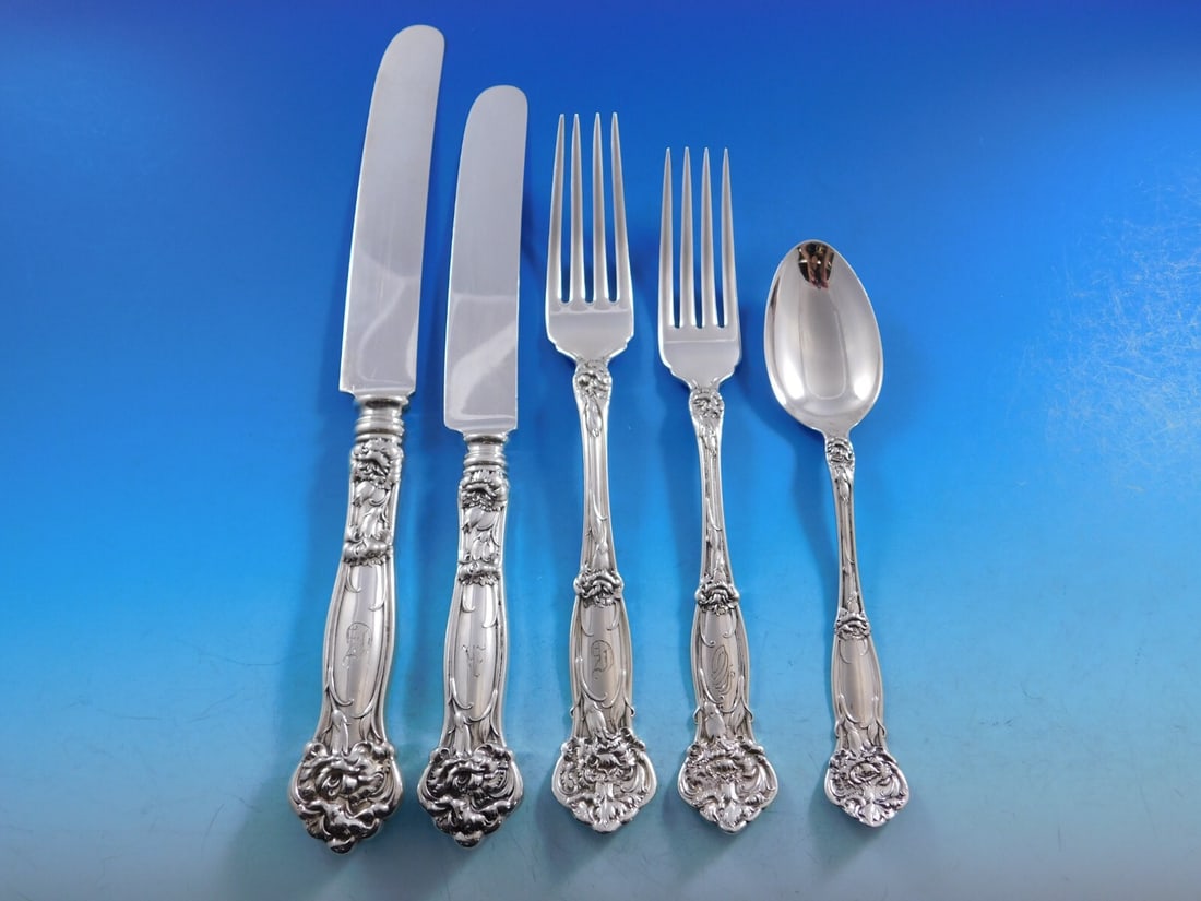 Wallace Carnation Sterling Silver Flatware Set 41 pcs with Storage Chest: Wallace Carnation Sterling Silver Flatware Set 41 pcs with Storage Chest Enhance your dining experience with the exquisite Carnation flatware set by Wallace, crafted from high-quality sterling silver.