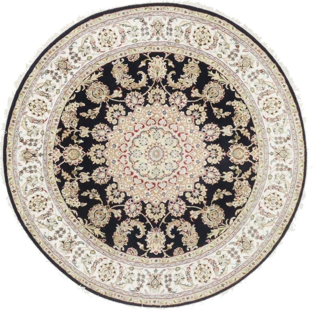 Round Wool and Silk Rug Indo-Nain Hand-Knotted Floral Medallion 5'9 x 5'9: Round Wool and Silk Rug Indo-Nain Hand-Knotted Floral Medallion 5'9 x 5'9 This handmade Indo-Nain area rug features a round shape and a striking dark navy background with a floral medallion pattern. C