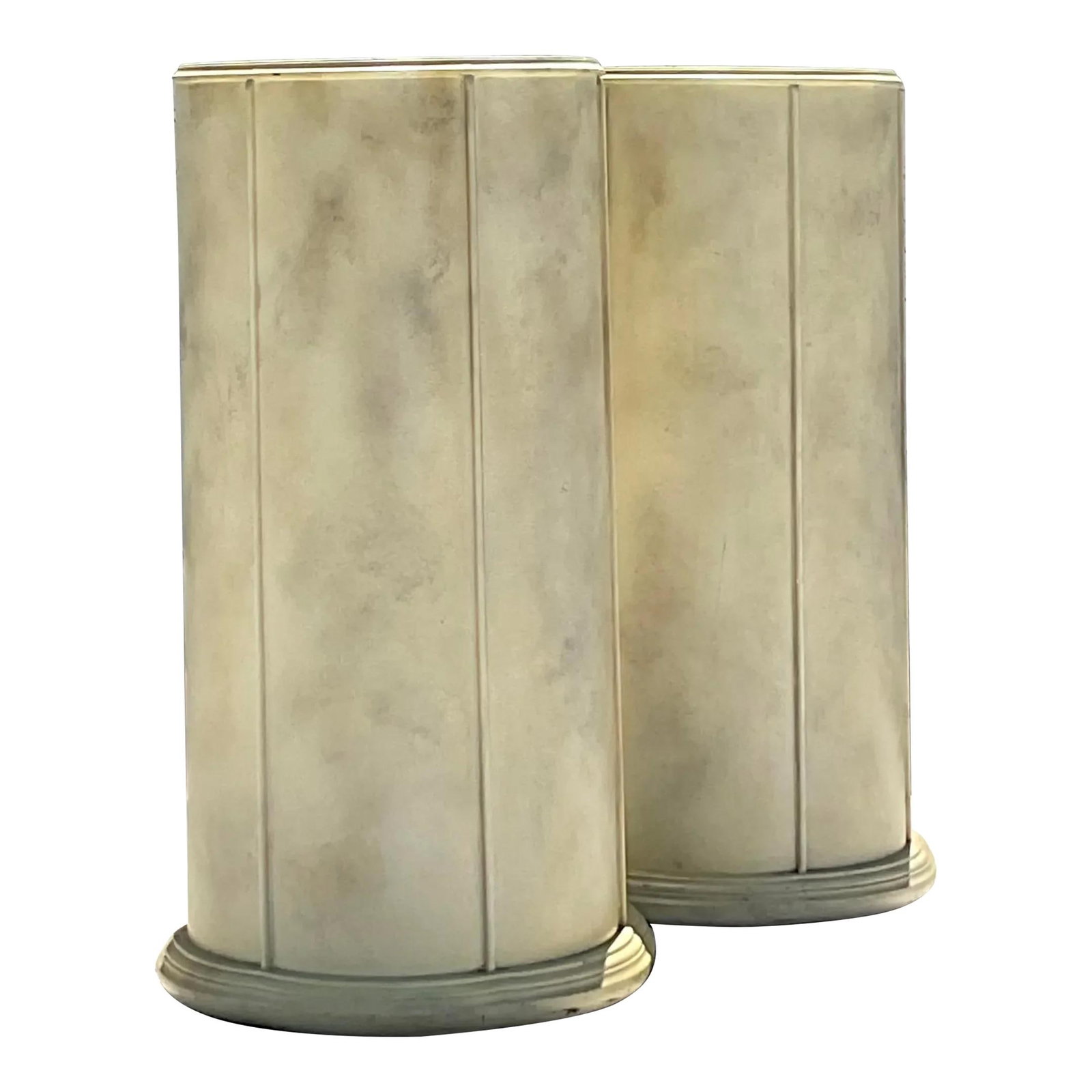 Pair of Vintage Boho Faux Goatskin Pedestals Rustic Charm: Pair of Vintage Boho Faux Goatskin Pedestals Rustic Charm Enhance your living space with this exquisite pair of Vintage Boho Faux Goatskin Pedestals. Designed in an American style, these pedestals fea