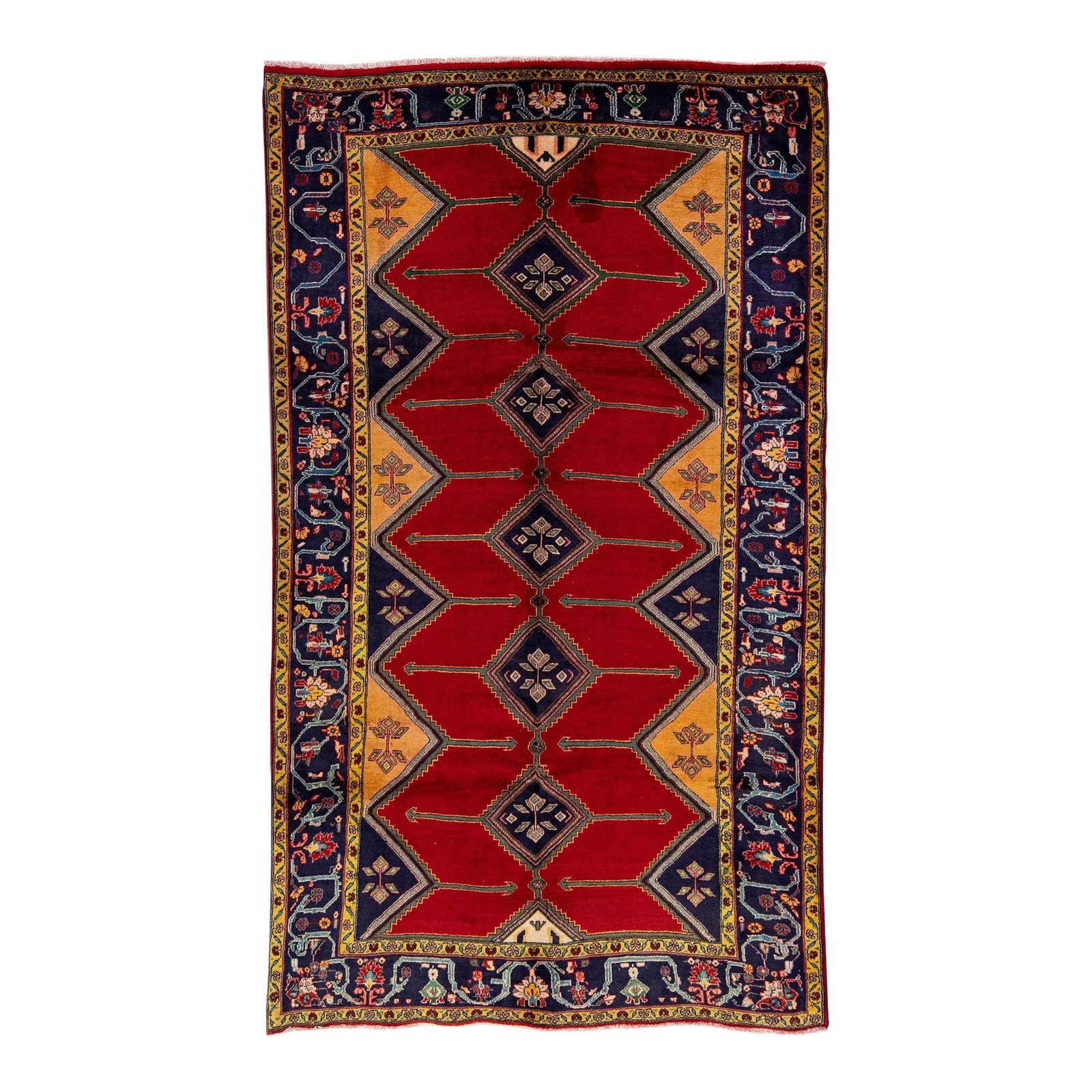 1960s Persian Heriz Handmade Wool Rug Navy Blue Medallion 5'4 x 9': 1960s Persian Heriz Handmade Wool Rug Navy Blue Medallion 5'4 x 9' Discover the elegance of this vintage Persian Heriz rug, meticulously hand-knotted from high-quality wool. Featuring a rich navy blue