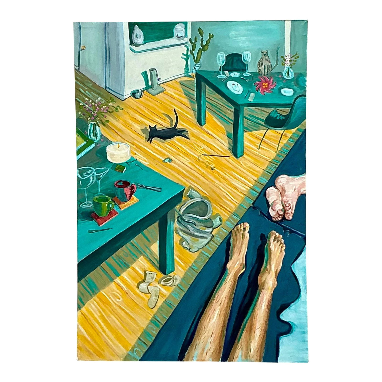 Vintage Boho Abstract Expressionist Oil Painting on Canvas: Vintage Boho Abstract Expressionist Oil Painting on Canvas This vintage abstract expressionist oil painting beautifully embodies the spirit of bohemian life with its dynamic composition and vibrant co