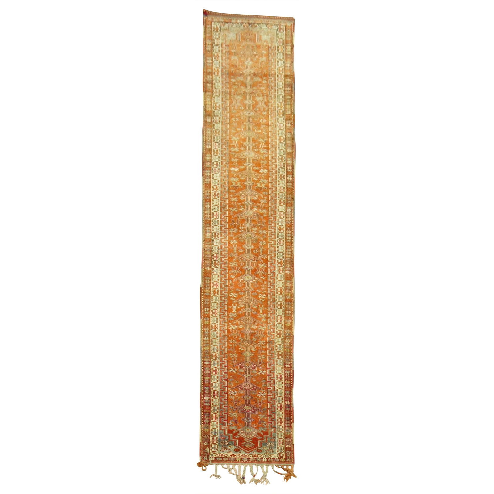 Vintage Turkish Anatolian Runner Orange 35in x 182in Wool Hand-Woven Bohemian: Vintage Turkish Anatolian Runner Orange 35in x 182in Wool Hand-Woven Bohemian This stunning vintage Turkish Anatolian runner showcases a vibrant geometric design in a predominant orange color, perfect