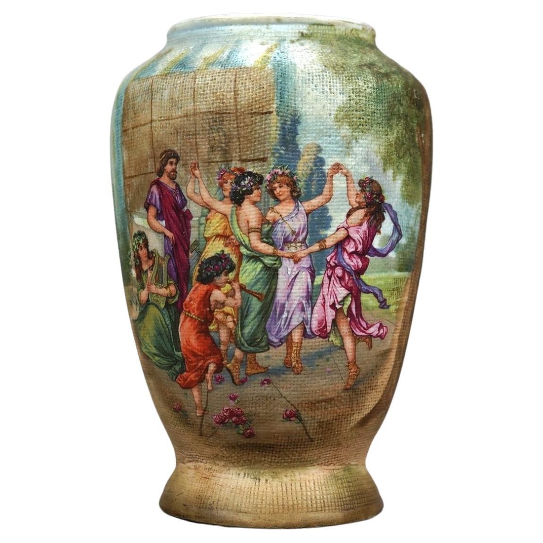 Antique Royal Bonn Porcelain Vase C1900 Classical Genre Scene: Antique Royal Bonn Porcelain Vase C1900 Classical Genre Scene This exquisite antique German vase from Royal Bonn, dating to circa 1900, showcases a stunning hand-painted classical genre scene depictin