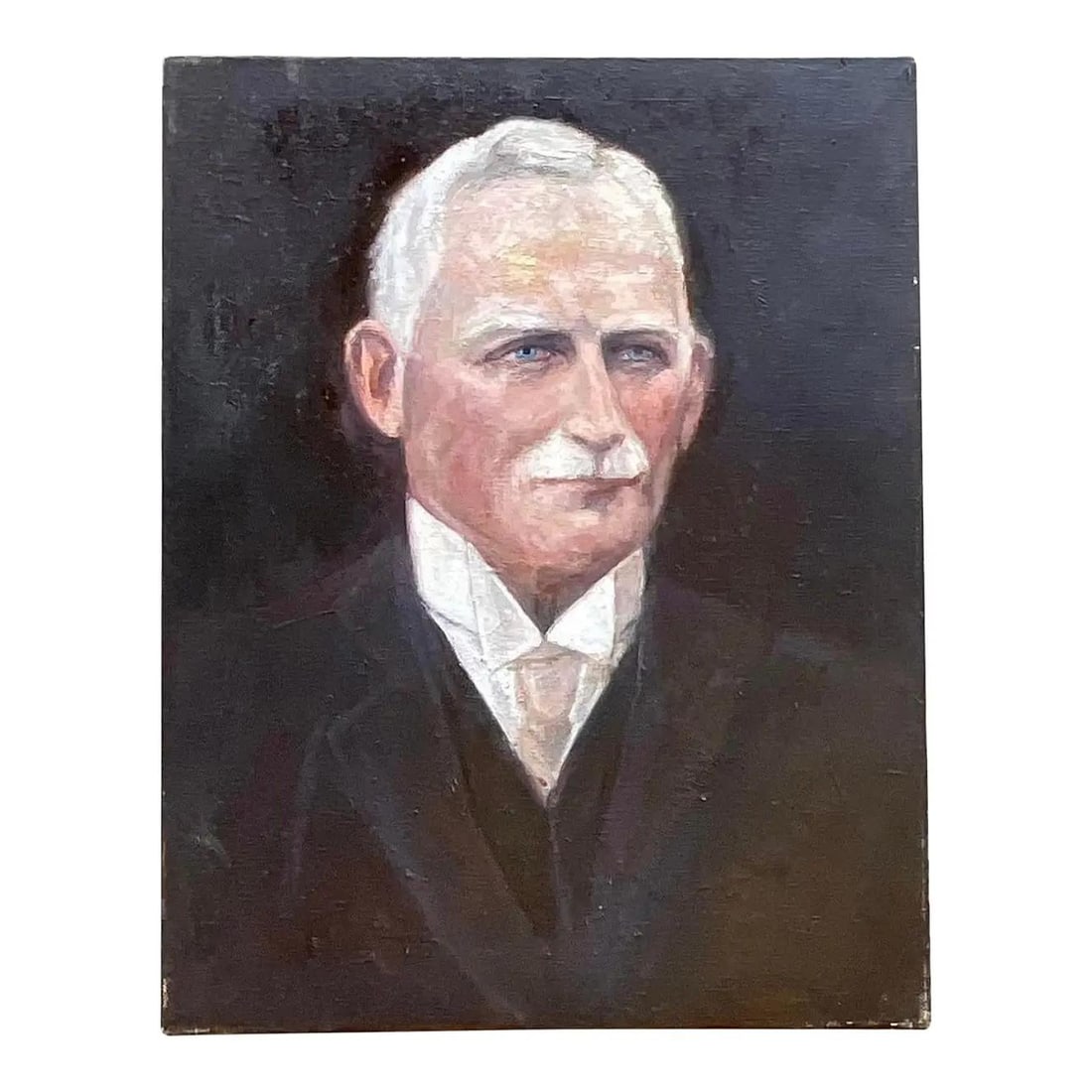 Vintage Realist Signed Oil Portrait of Distinguished Gentleman: Vintage Realist Signed Oil Portrait of Distinguished Gentleman This striking vintage realist oil portrait captures the dignified presence of an older gentleman. His strong features, neatly combed silv