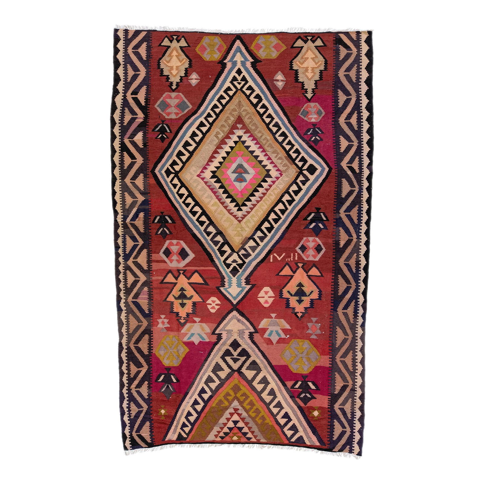 1960s Vintage Turkish Kilim Hand-Knotted Wool Rug 6'9 x 10'9: 1960s Vintage Turkish Kilim Hand-Knotted Wool Rug 6'9 x 10'9 Discover a stunning vintage Turkish Kilim rug, beautifully hand-knotted from wool. Featuring a striking brick red field, this rug is framed