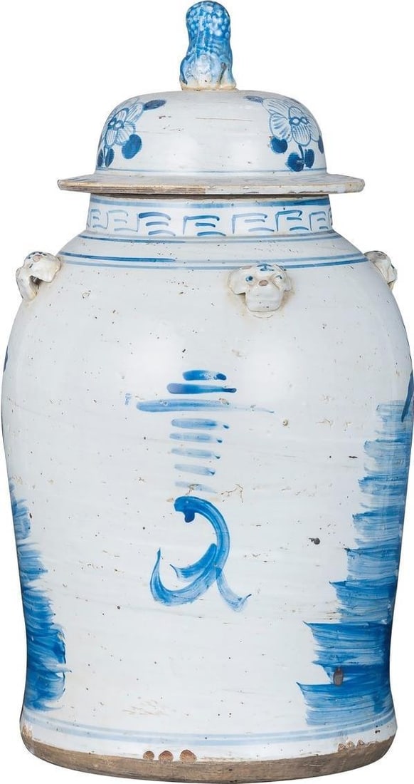 Vintage Style Blue White Ceramic Temple Jar Floral Design 24H (1 of 3)
