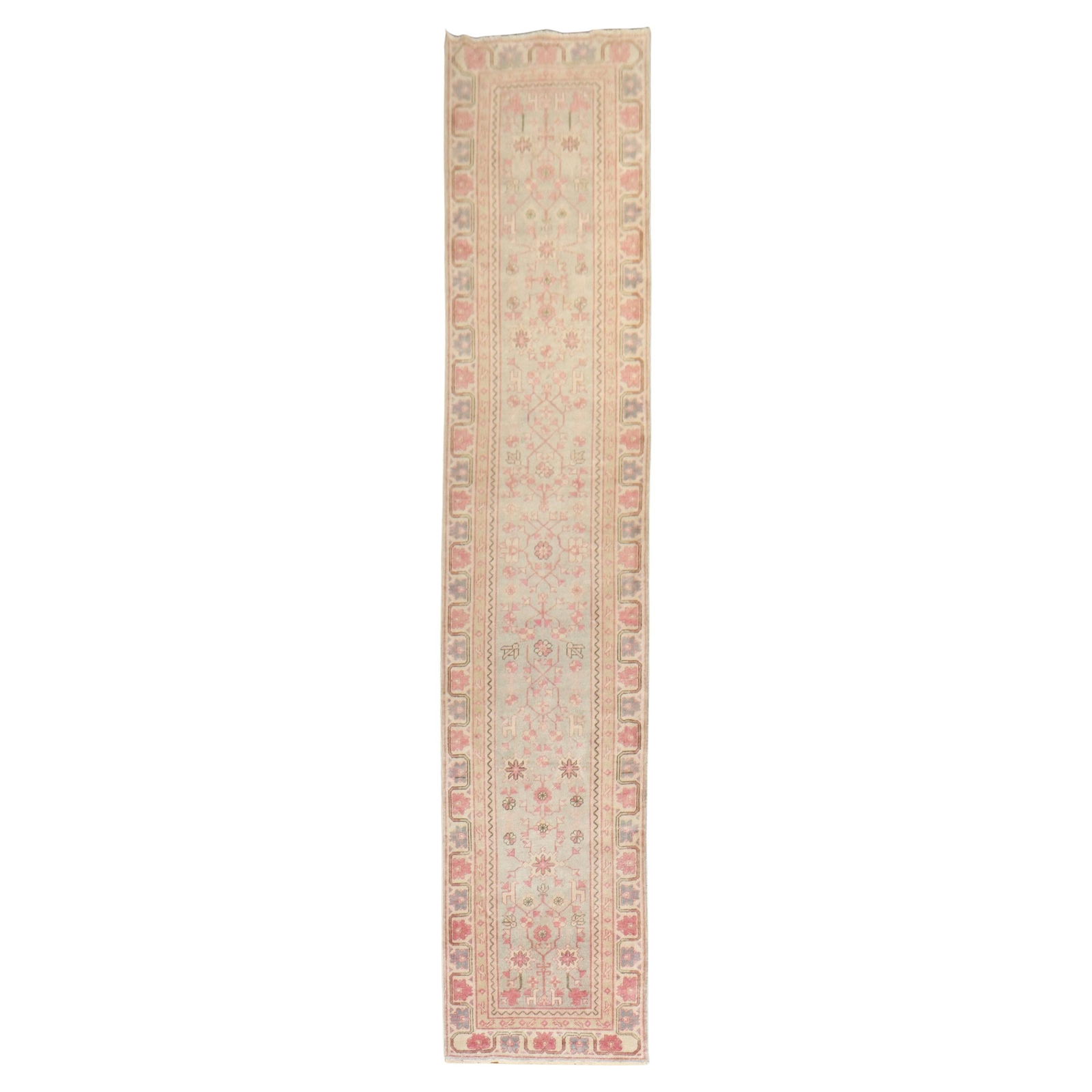 Zabihi Vintage Khotan Runner 27x138 Wool Hand-Knotted 1930s: Zabihi Vintage Khotan Runner 27x138 Wool Hand-Knotted 1930s This exquisite vintage Khotan runner features a captivating light green and pink design, embodying the artistry of the 1930s. Hand-knotted f