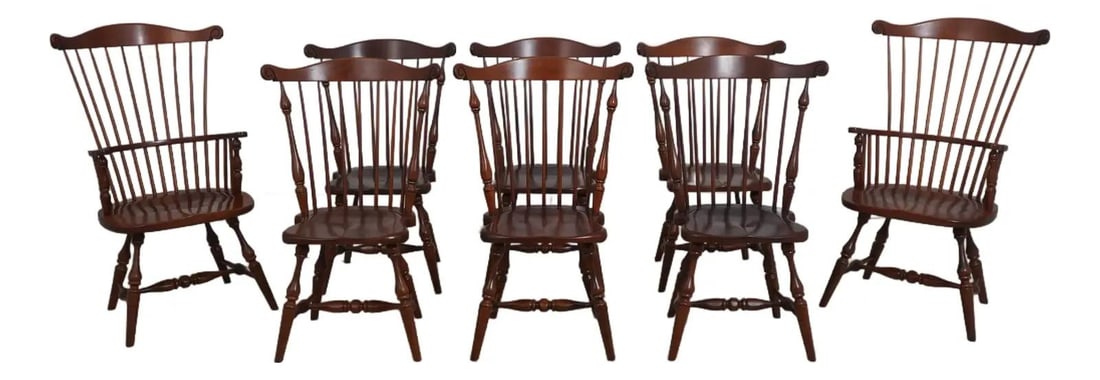 Set of 8 Frederick Duckloe Cherry Windsor Chairs with Saddle Seats: Set of 8 Frederick Duckloe Cherry Windsor Chairs with Saddle Seats This set of 8 Frederick Duckloe Cherry Windsor Fan Back Chairs showcases timeless craftsmanship with high-quality cherry wood constru
