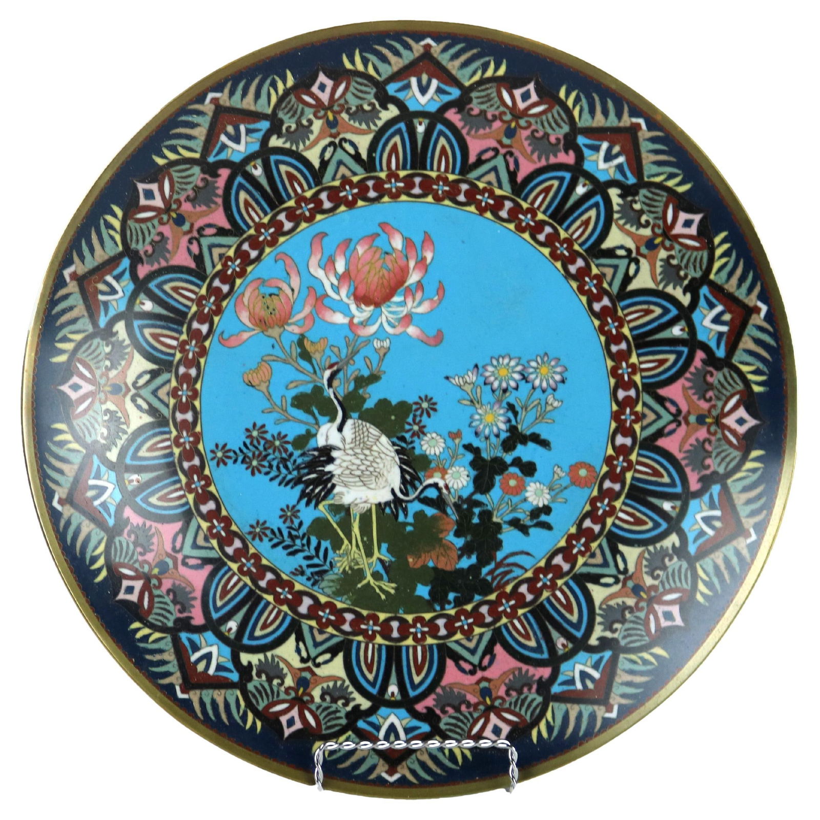 C1920 Antique Japanese Cloisonne Charger with Heron Marsh Scene: C1920 Antique Japanese Cloisonne Charger with Heron Marsh Scene Discover the beauty of this exquisite antique Japanese cloisonne charger, dating back to circa 1920. This stunning piece features a vibr