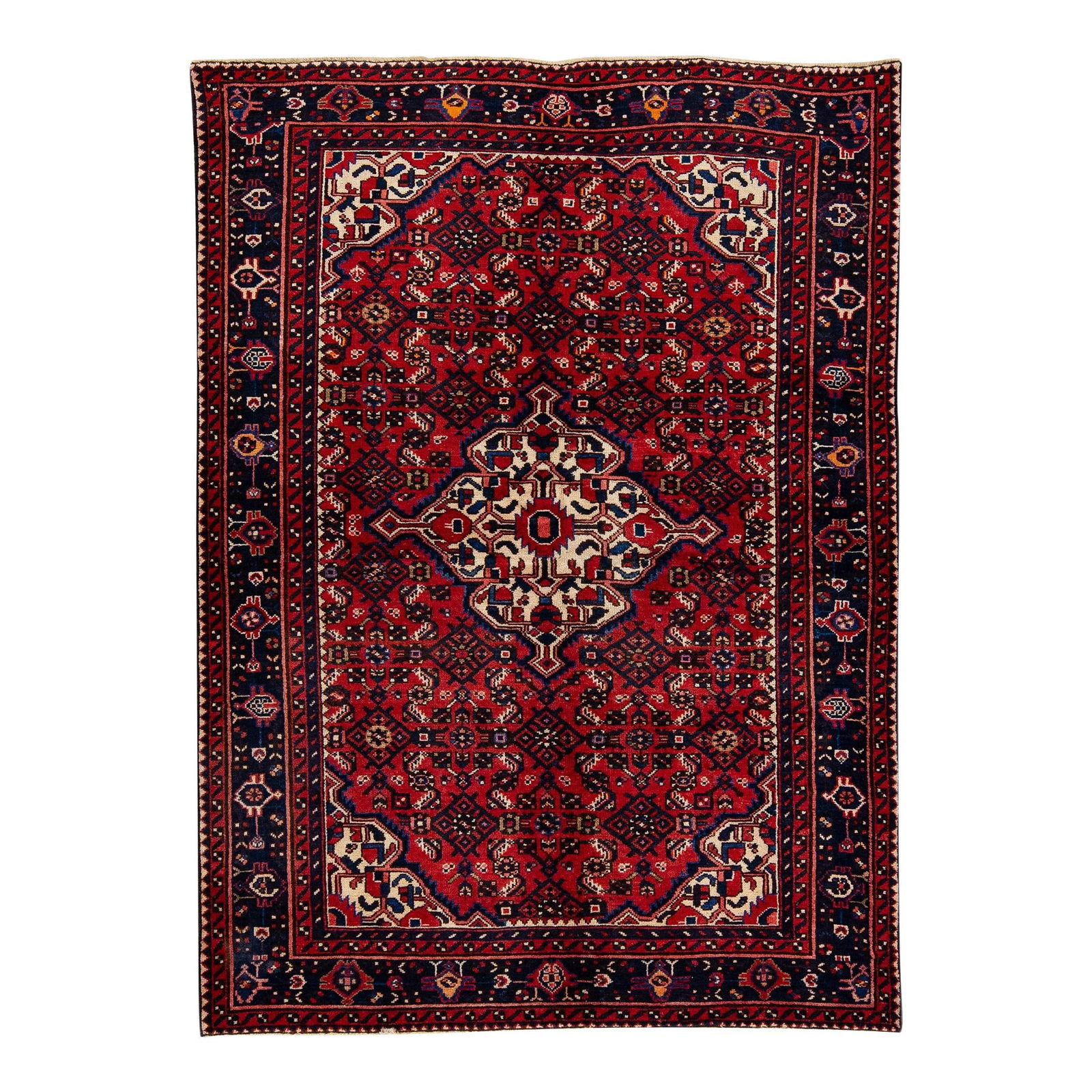 Vintage Persian Hamadan Red Wool Medallion Rug 4'8 x 6'7: Vintage Persian Hamadan Red Wool Medallion Rug 4'8 x 6'7 Enhance your space with this stunning vintage Persian Hamadan hand-knotted wool rug. Featuring a vibrant red field, this exquisite runner is fr