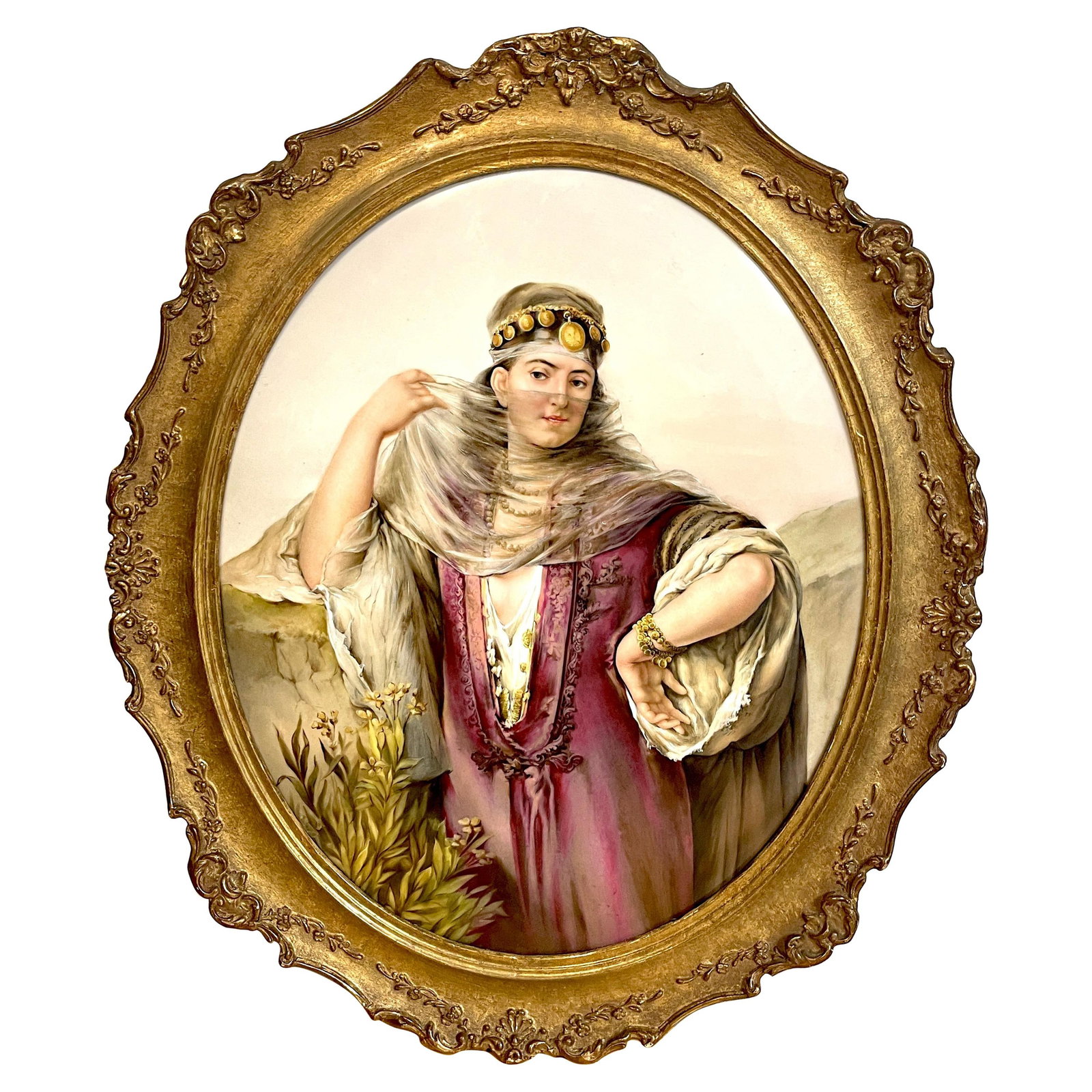 Exquisite K.P.M. Berlin Porcelain Harem Dancer Plaque 1890s: Exquisite K.P.M. Berlin Porcelain Harem Dancer Plaque 1890s This Large Oval Berlin 'K.P.M.' Porcelain Plaque showcases an exquisite hand-painted depiction of a veiled harem dancer, set against a vibra