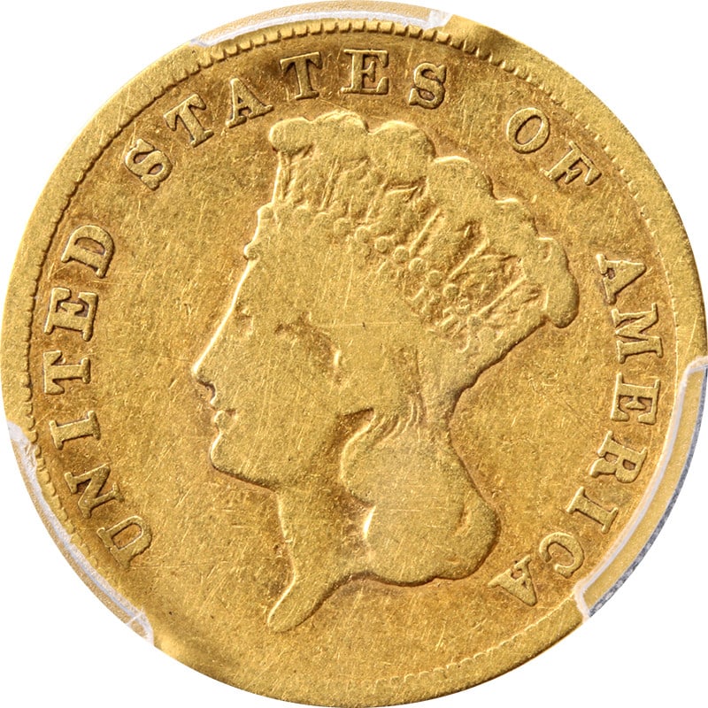 PCGS VG08 1860-S Gold $3 Indian Princess Key Date Coin: PCGS VG08 1860-S Gold $3 Indian Princess Key Date Coin This 1860-S Indian Princess Gold $3 coin is a key date collectible featuring the original design with honest, even wear. It is certified by PCGS