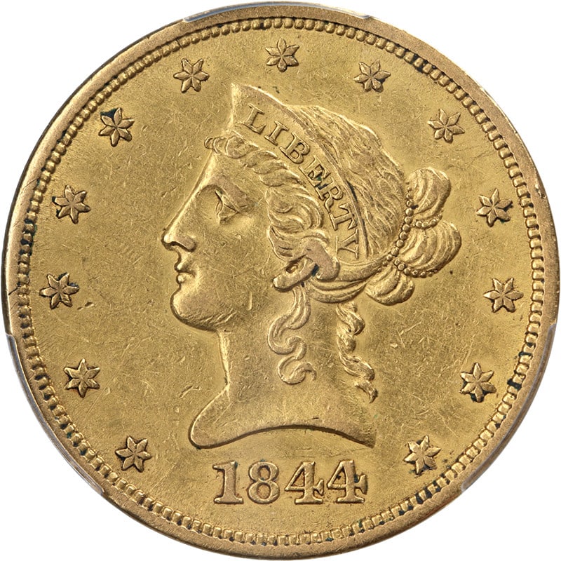 PCGS AU Details 1844-O Liberty Gold Eagle $10 Coin: PCGS AU Details 1844-O Liberty Gold Eagle $10 Coin This 1844-O Liberty Gold $10 coin is graded AU Details by PCGS. It features the Liberty design, with appealing color and well-struck details. The coi