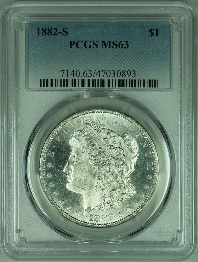 PCGS MS-63 1882-S Morgan Dollar San Francisco Silver One Dollar Coin: PCGS MS-63 1882-S Morgan Dollar San Francisco Silver One Dollar Coin This is an 1882-S Morgan Silver Dollar coin from the United States, minted in San Francisco. Certified by PCGS with a grade of MS-6