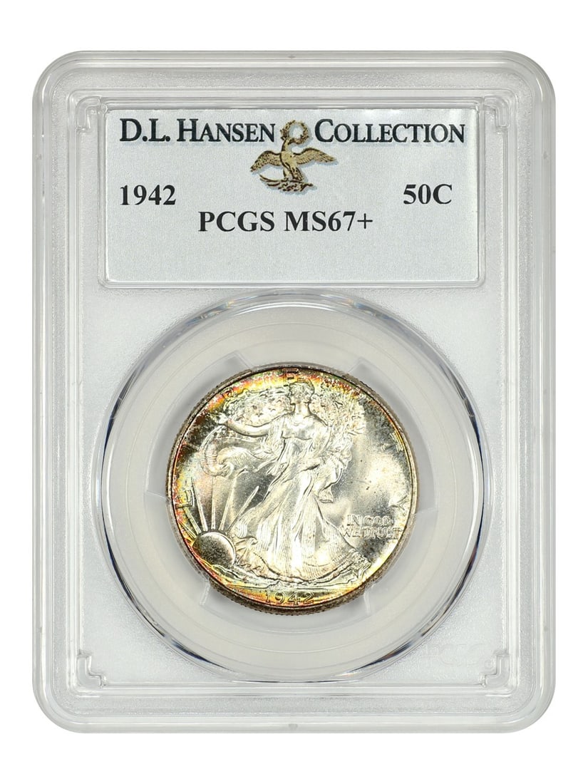 PCGS MS67 Plus 1942 Walking Liberty Half Dollar ex D L Hansen: PCGS MS67 Plus 1942 Walking Liberty Half Dollar ex D L Hansen This 1942 Walking Liberty Half Dollar is certified by PCGS with a grade of MS67+ and originates from the D.L. Hansen collection. Struck at