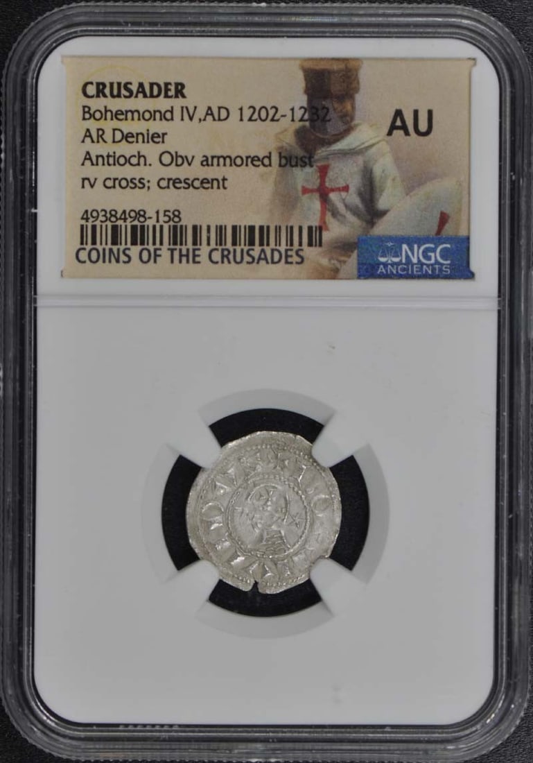 Bohemond IV Crusader Silver Denier NGC AU53 Certified Medieval Coin: Bohemond IV Crusader Silver Denier NGC AU53 Certified Medieval Coin Crusader Bohemond IV AR Denier coin, issued between AD 1202 and 1232, graded AU53 by NGC. The coin is pre-owned and comes with NGC c