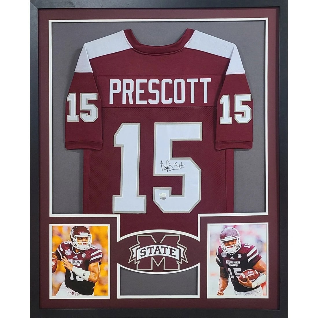 Dak Prescott Signed Framed Jersey JSA Authenticated Mississippi State: Dak Prescott Signed Framed Jersey JSA Authenticated Mississippi State This is a framed, autographed jersey of Dak Prescott, showcasing his time at Mississippi State and with the Cowboys. The jersey is
