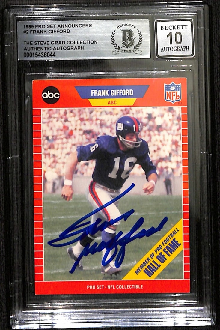 Frank Gifford Autographed 1989 Pro Set Announcers Card Beckett Grade 10: Frank Gifford Autographed 1989 Pro Set Announcers Card Beckett Grade 10 This is a signed 1989 Pro Set Announcers #2 sports trading card featuring the autograph of Frank Gifford, a legendary member of