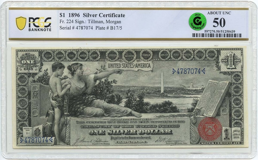 1896 $1 Silver Certificate Fr.224 PCGS AU50 Educational Note: 1896 $1 Silver Certificate Fr.224 PCGS AU50 Educational Note This 1896 $1 Silver Certificate is a remarkable piece of currency history, certified by PCGS with a grade of AU50. The note, which features