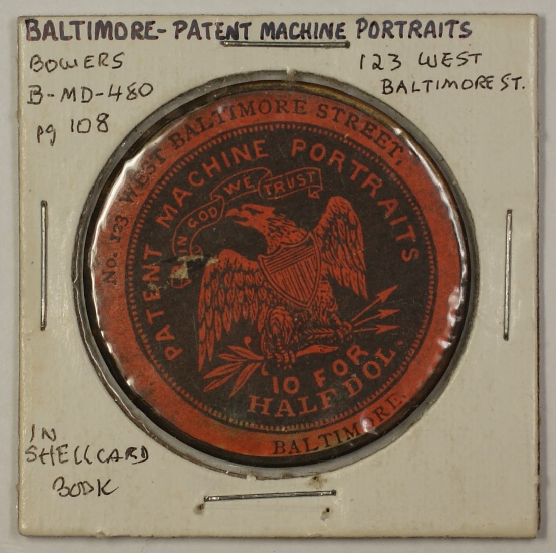 Shell Trade Token Baltimore Patent Machine Portraits Late 1800s B-MD-480: Shell Trade Token Baltimore Patent Machine Portraits Late 1800s B-MD-480 This is a late 1800s US shell trade token featuring patent machine portraits from Baltimore, Maryland, identified as B-MD-480.
