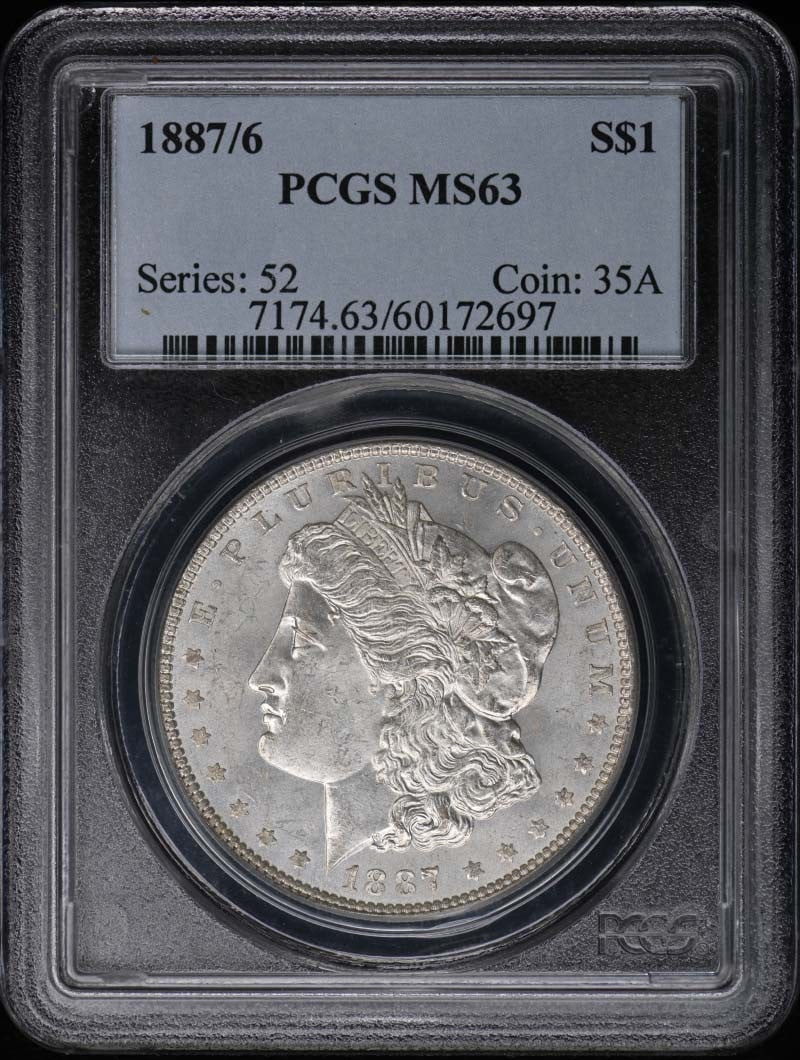 1887/6 Morgan Dollar PCGS MS63 Uncirculated Philadelphia Mint: 1887/6 Morgan Dollar PCGS MS63 Uncirculated Philadelphia Mint This 1887/6 $1 Overdate Morgan Dollar is a remarkable piece of American numismatic history, certified by PCGS with a grade of MS63. Minted