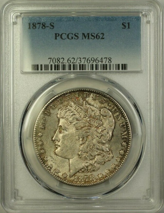 PCGS MS-62 1878-S Morgan Dollar San Francisco Toned Silver Coin: PCGS MS-62 1878-S Morgan Dollar San Francisco Toned Silver Coin 1878-S Morgan Silver Dollar coin, graded MS-62 by PCGS, featuring natural toning. This uncirculated silver coin was minted in San Franci