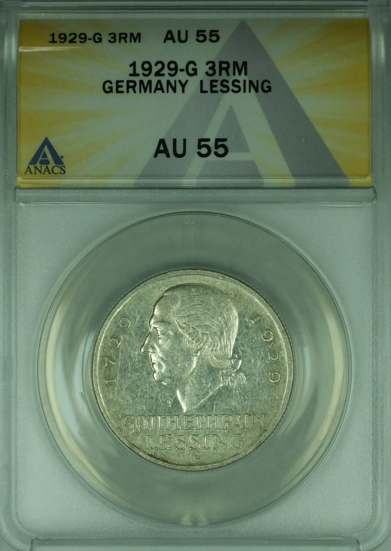 1929-G 3 Mark Silver Lessing Germany Coin ANACS AU-55 Commemorative: 1929-G 3 Mark Silver Lessing Germany Coin ANACS AU-55 Commemorative 1929-G Germany 3 Reichsmark silver coin commemorating the 200th anniversary of the birth of Gotthold Lessing. This coin was struck a