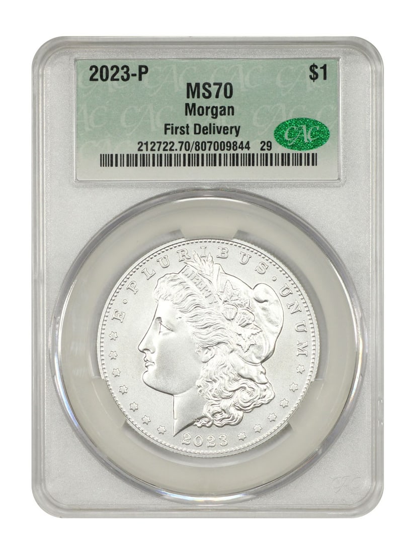 Morgan Dollar 2023 Philadelphia CACG MS70 First Delivery Silver Coin: Morgan Dollar 2023 Philadelphia CACG MS70 First Delivery Silver Coin This 2023-P Morgan Dollar is a modern commemorative coin struck at the Philadelphia Mint. Certified by CACG with a perfect MS70 gra