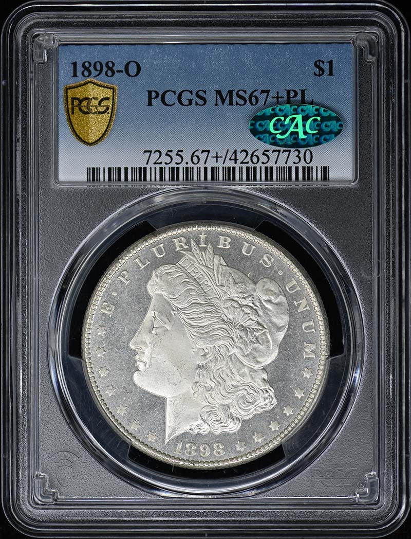 1898-O Morgan Dollar PCGS MS67+PL CAC Finest Known: 1898-O Morgan Dollar PCGS MS67+PL CAC Finest Known This stunning 1898-O Morgan Dollar, graded MS67+PL by PCGS, is a remarkable example of numismatic excellence. It features a proof-like strike that hi