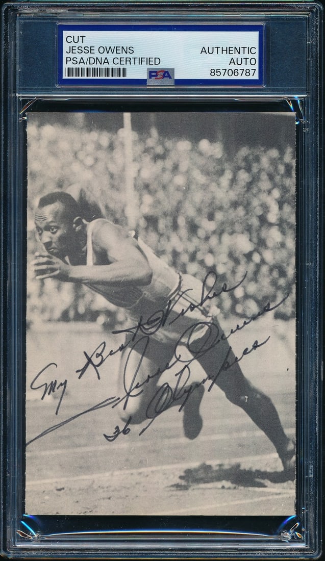 Jesse Owens Signed Inscribed 3.5x5.5 Cut Photo PSA/DNA: Jesse Owens Signed Inscribed 3.5x5.5 Cut Photo PSA/DNA This item features a signed and inscribed 3.5x5.5 cut photo of Jesse Owens, the legendary Olympic runner known for his remarkable achievements in