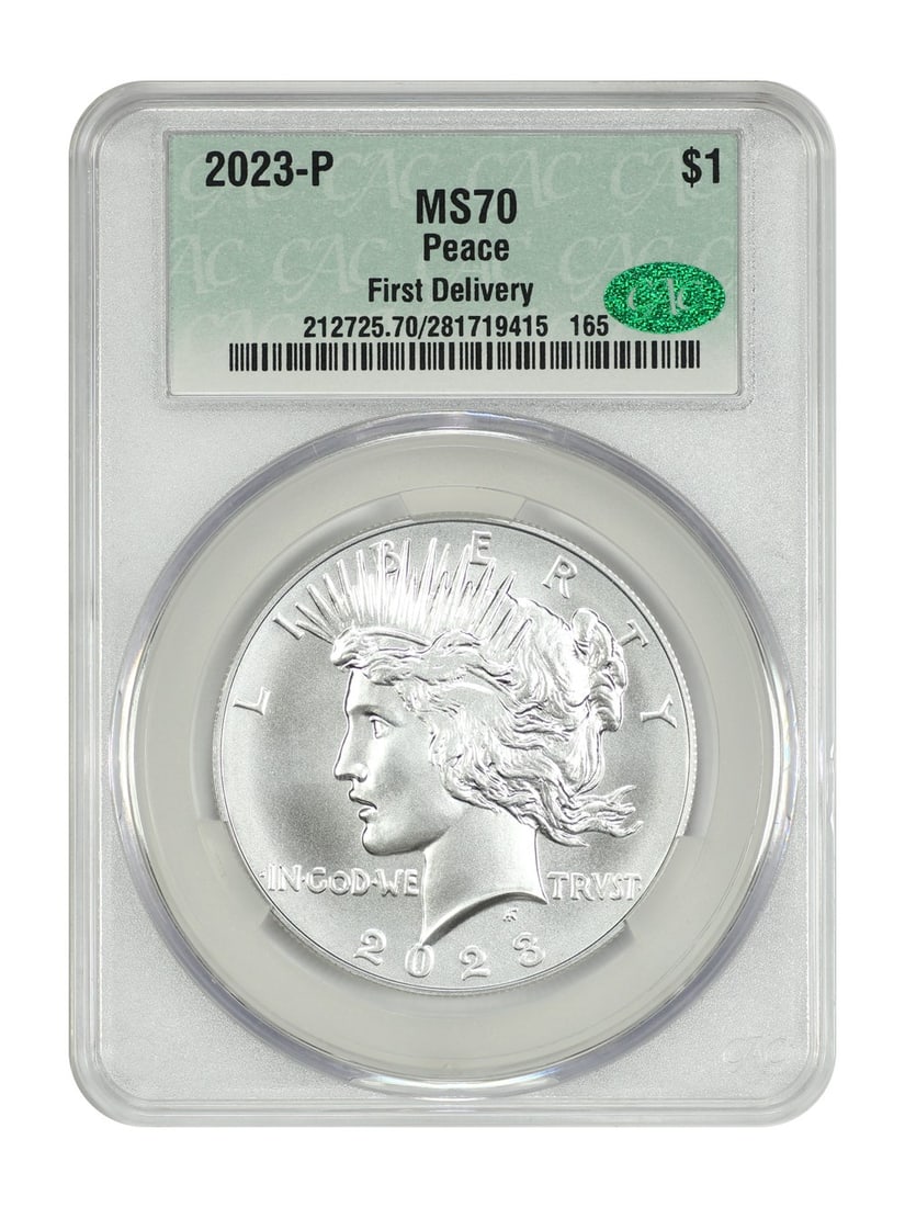 CACG MS70 First Delivery 2023 Philadelphia Peace Dollar $1 Coin: CACG MS70 First Delivery 2023 Philadelphia Peace Dollar $1 Coin This 2023-P Peace Dollar is a modern commemorative coin graded MS70 by CACG, indicating a perfect uncirculated condition. Struck at the