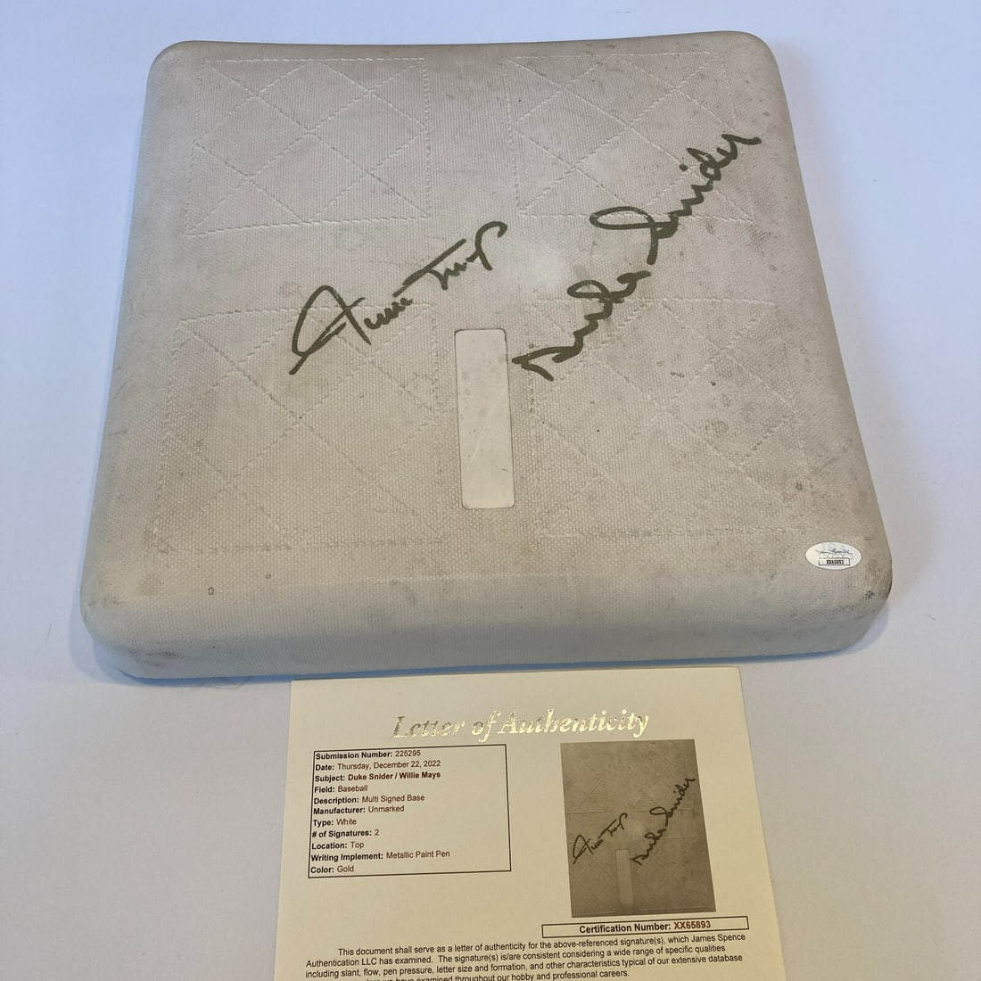 Willie Mays Duke Snider Signed Baseball Base with JSA COA: Willie Mays Duke Snider Signed Baseball Base with JSA COA This vintage baseball base features the authentic signatures of legendary MLB players Willie Mays and Duke Snider. It comes with a James Spenc