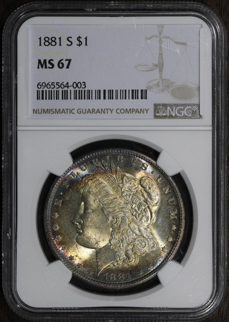 1881-S Morgan Silver Dollar MS67 PCGS Rainbow Toned Gem: 1881-S Morgan Silver Dollar MS67 PCGS Rainbow Toned Gem This stunning 1881-S Morgan Silver Dollar is a remarkable piece for any collector. Graded as MS67 by PCGS, it showcases exceptional quality and