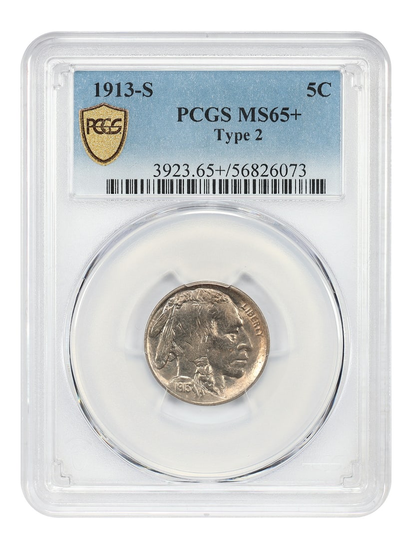 San Francisco Mint 1913 Type 2 Buffalo Nickel PCGS MS65 Plus Key Date: San Francisco Mint 1913 Type 2 Buffalo Nickel PCGS MS65 Plus Key Date This is a 1913-S Buffalo Nickel, Type 2, graded MS65+ by PCGS. Struck at the San Francisco Mint, this scarce issue is uncirculated