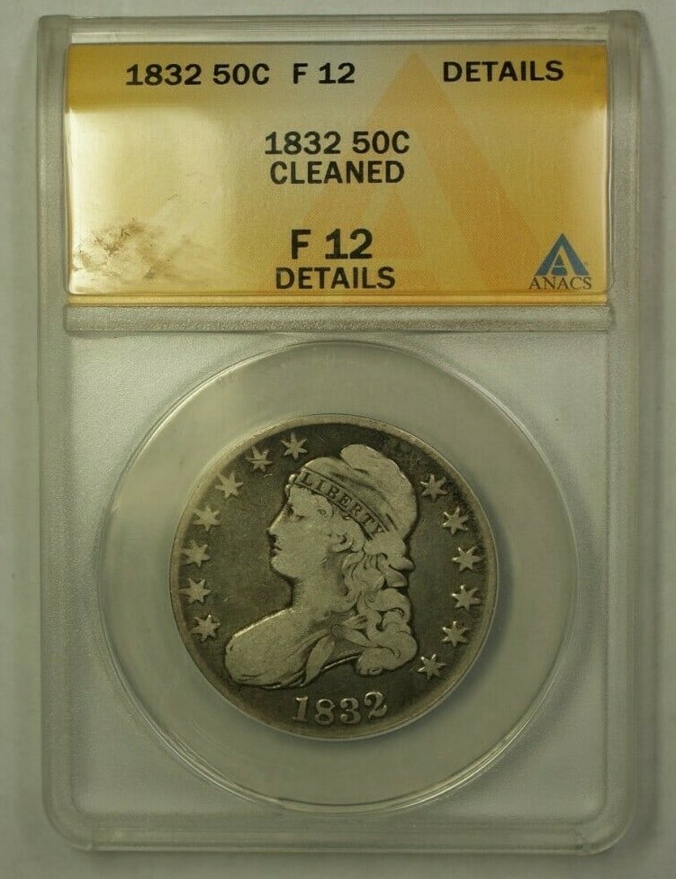 ANACS Certified 1832 Silver Capped Bust Half Dollar Fine 12 Cleaned: ANACS Certified 1832 Silver Capped Bust Half Dollar Fine 12 Cleaned This 1832 Capped Bust Half Dollar is a silver coin from the United States, minted in Philadelphia. Certified by ANACS with a grade o