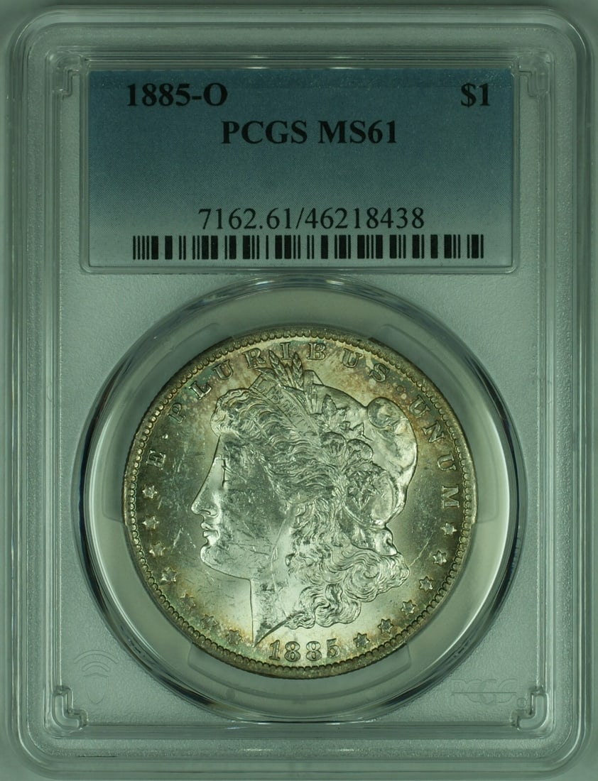 PCGS MS-61 1885-O Morgan Dollar with Light Toning: PCGS MS-61 1885-O Morgan Dollar with Light Toning This 1885-O Morgan Silver Dollar features light toning and is certified by PCGS with a grade of MS-61. Uncirculated and composed of 90% silver, this c