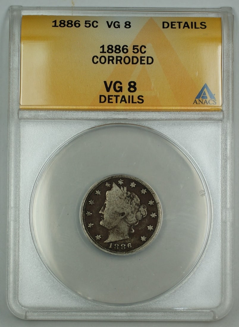 ANACS VG-8 1886 Liberty Nickel With Cents Philadelphia 5 Cent Copper-Nickel Coin: ANACS VG-8 1886 Liberty Nickel With Cents Philadelphia 5 Cent Copper-Nickel Coin This 1886 Liberty V Nickel 5-cent coin has been certified by ANACS with a VG-8 Details grade. It features the 'With Cen