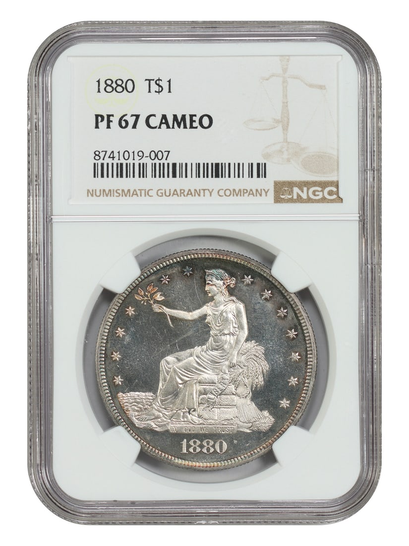 NGC PR67CAM 1880 Proof Trade Dollar Scarce Low Mintage Issue: NGC PR67CAM 1880 Proof Trade Dollar Scarce Low Mintage Issue This 1880 Trade Dollar is a scarce proof-only issue, certified by NGC as PR67CAM. Featuring mauve, purple, and electric blue tones, the coi