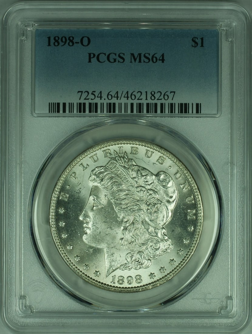 PCGS MS64 1898-O Morgan Dollar Silver Coin from New Orleans Mint: PCGS MS64 1898-O Morgan Dollar Silver Coin from New Orleans Mint This 1898-O Morgan Silver Dollar is an un-used coin from the United States, struck at the New Orleans Mint. It is composed of 90% silve