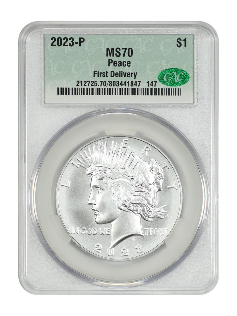 Peace Dollar 2023 Philadelphia CACG MS70 First Delivery Silver Coin: Peace Dollar 2023 Philadelphia CACG MS70 First Delivery Silver Coin This 2023-P Peace Dollar is a commemorative coin graded MS70 by CACG, representing a perfect uncirculated condition. Struck at the P