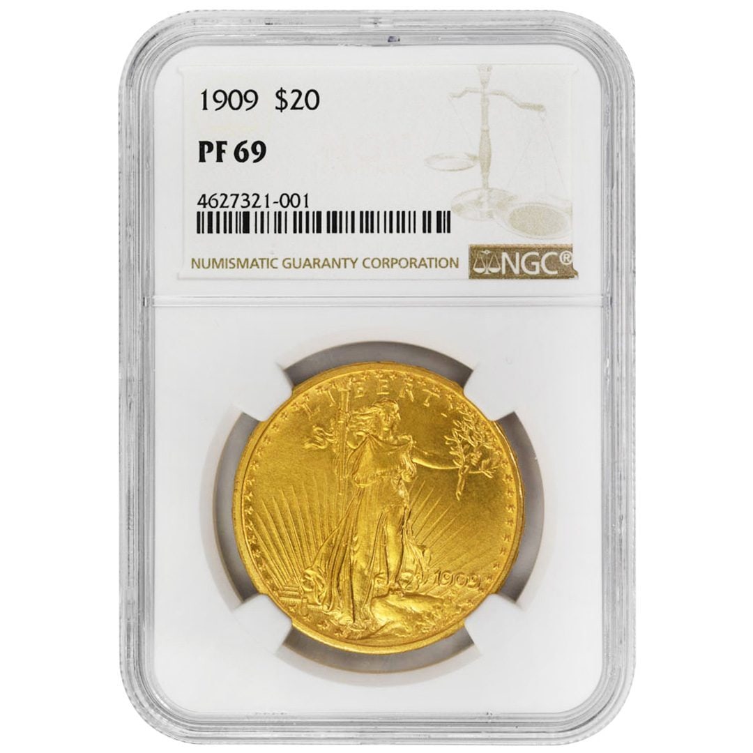 1909 $20 St. Gaudens NGC PF69 Satin Finish Rare Coin: 1909 $20 St. Gaudens NGC PF69 Satin Finish Rare Coin This 1909 $20 St. Gaudens coin is a rare and remarkable piece of numismatic history. Certified by NGC with a grade of PF69, this uncirculated coin